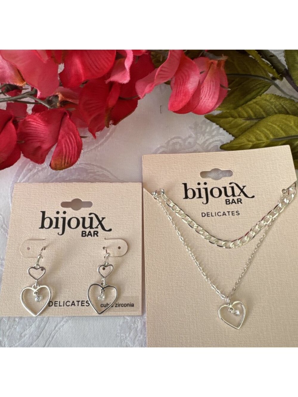 Bijoux Bar Delicates Dainty Necklace & Earrings SET Dangle Hearts Silvertone NEW